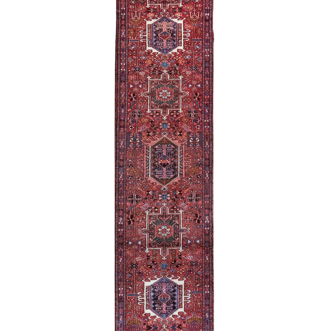 2' 7" x 15' 2" - RED AND NAVY KARAJEH GEOMETRIC PERSIAN RUG ( 79 x 462 CM )