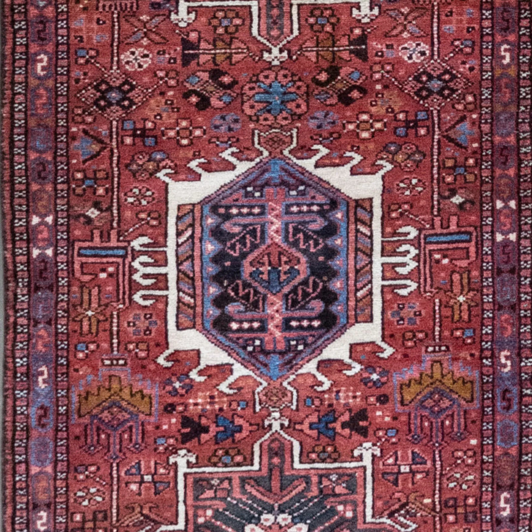 2' 7" x 15' 2" - RED AND NAVY KARAJEH GEOMETRIC PERSIAN RUG ( 79 x 462 CM )