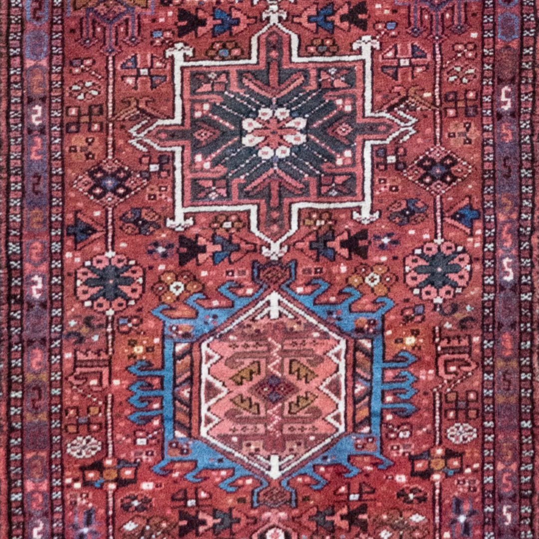 2' 7" x 15' 2" - RED AND NAVY KARAJEH GEOMETRIC PERSIAN RUG ( 79 x 462 CM )