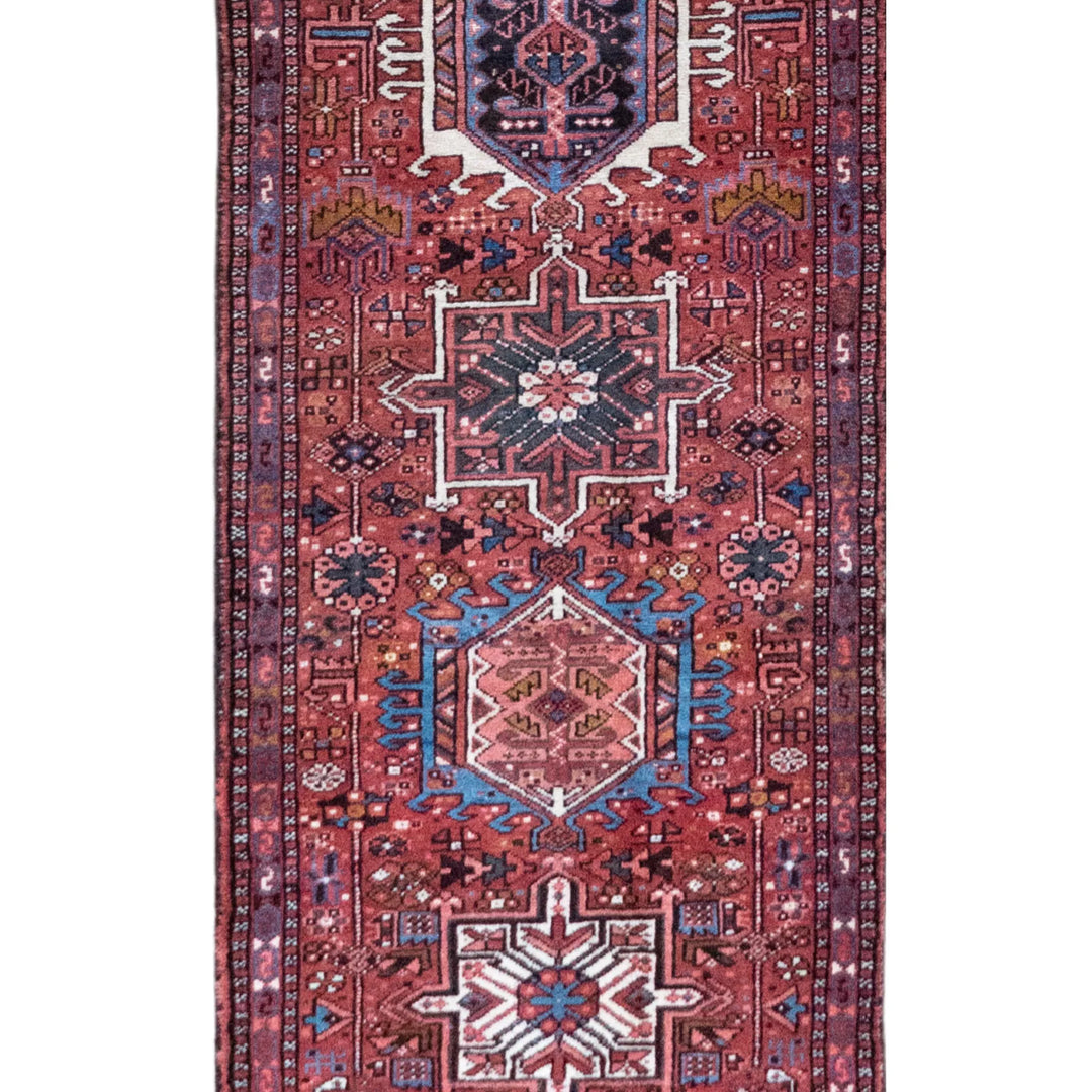 2' 7" x 15' 2" - RED AND NAVY KARAJEH GEOMETRIC PERSIAN RUG ( 79 x 462 CM )