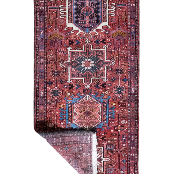 2' 7" x 15' 2" - RED AND NAVY KARAJEH GEOMETRIC PERSIAN RUG ( 79 x 462 CM )