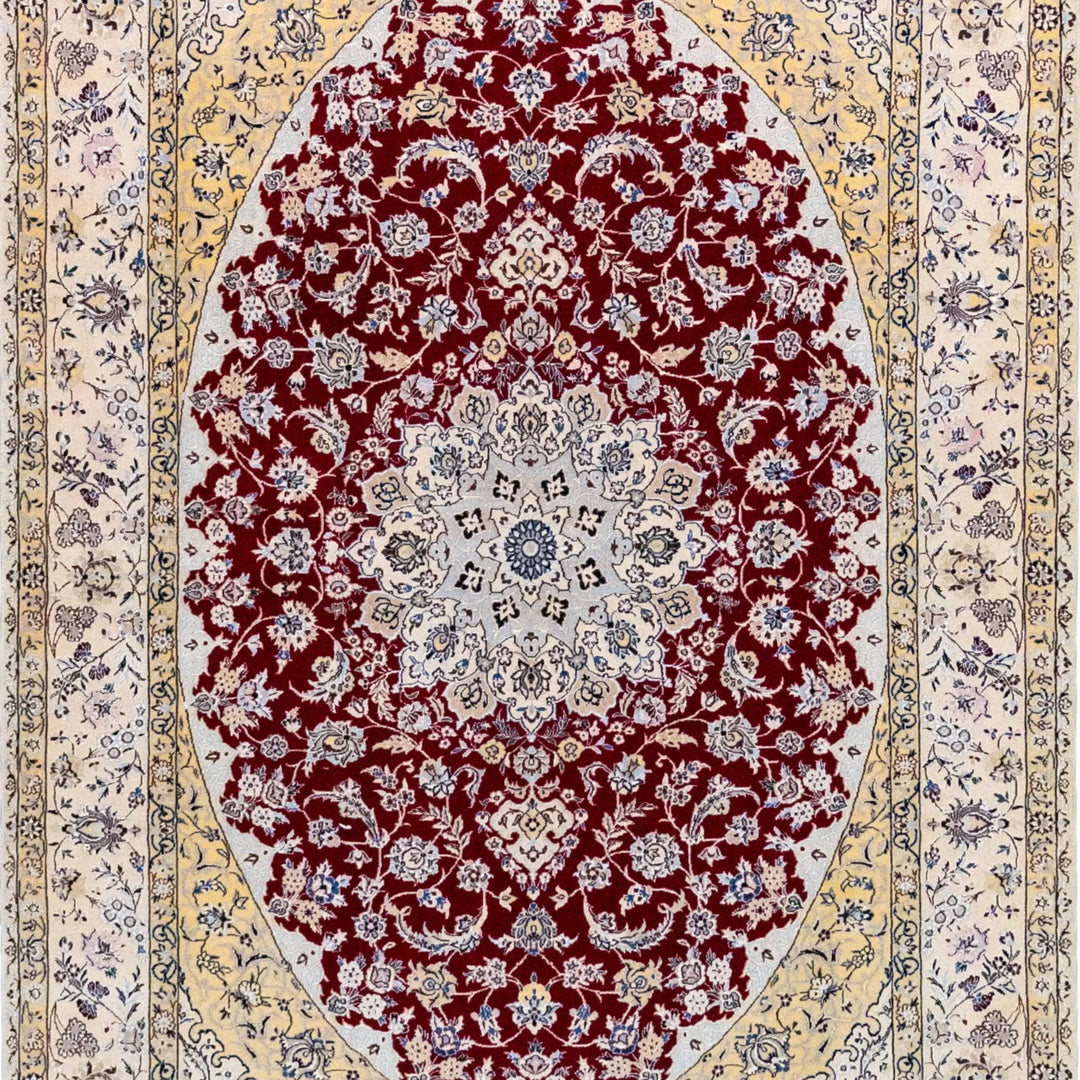 4' 2" x 6' 5" - RED AND BEIGE NAEIN FLORAL PERSIAN RUG ( 127 x 195 CM )