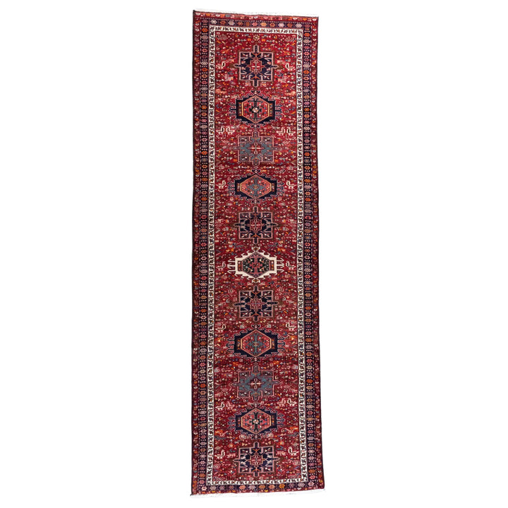 3' 8" x 13' 11" - RED AND RED KARAJEH GEOMETRIC PERSIAN RUG ( 112 x 424 CM )