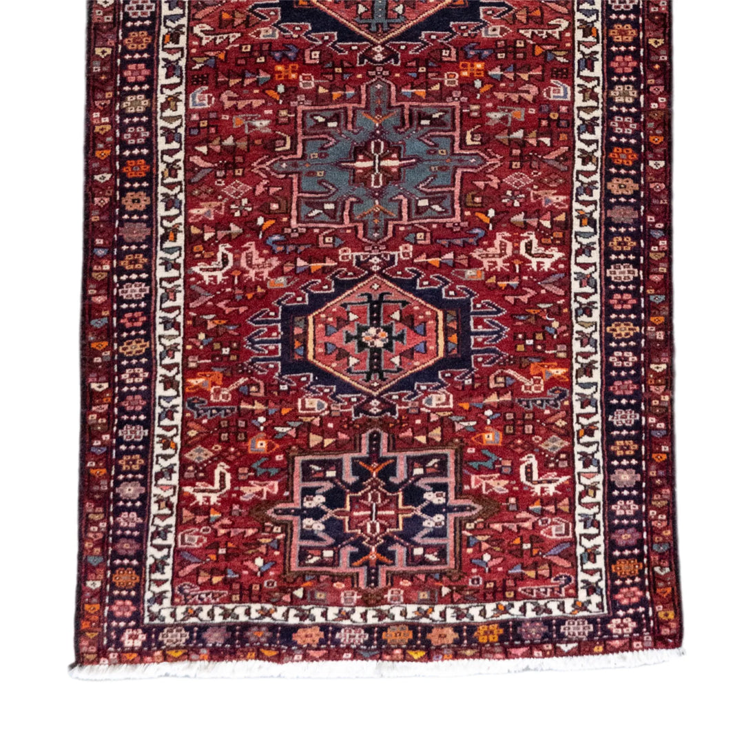 3' 8" x 13' 11" - RED AND RED KARAJEH GEOMETRIC PERSIAN RUG ( 112 x 424 CM )