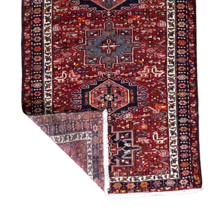 3' 8" x 13' 11" - RED AND RED KARAJEH GEOMETRIC PERSIAN RUG ( 112 x 424 CM )