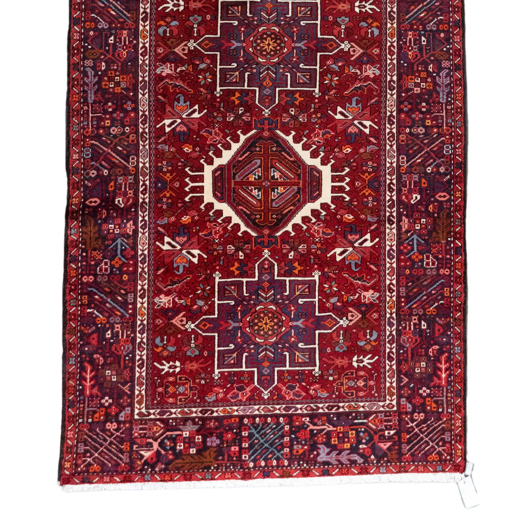 4' 10" x 13' 1" - RED AND BLUE KARAJEH GEOMETRIC PERSIAN RUG ( 147 x 399 CM )