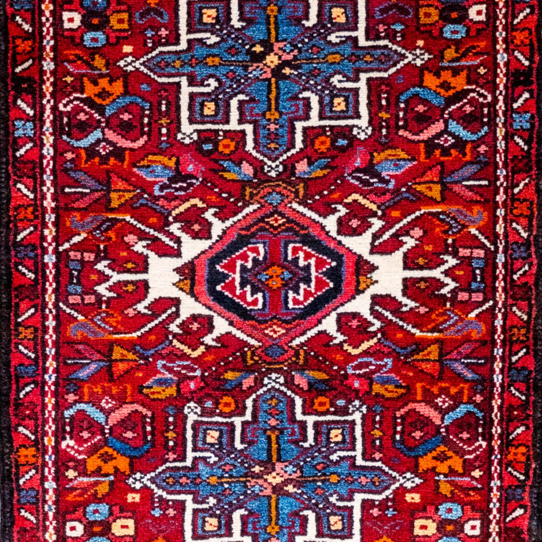 2' 2" x 2' 11" - RED AND NAVY KARAJEH GEOMETRIC PERSIAN RUG ( 66 x 89 CM )
