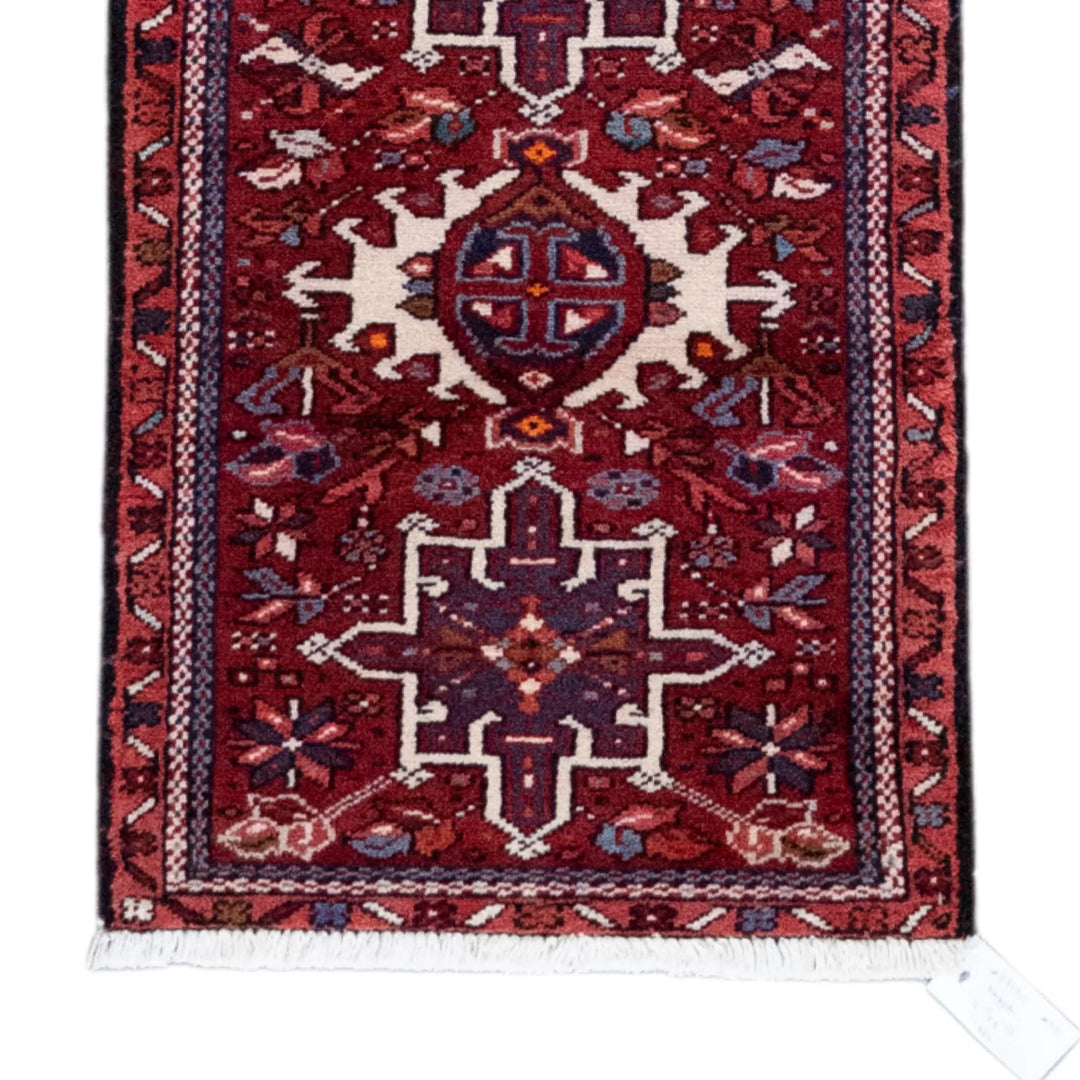 2' 1" x 6' 3" - RED AND NAVY KARAJEH GEOMETRIC PERSIAN RUG ( 63 x 190 CM )