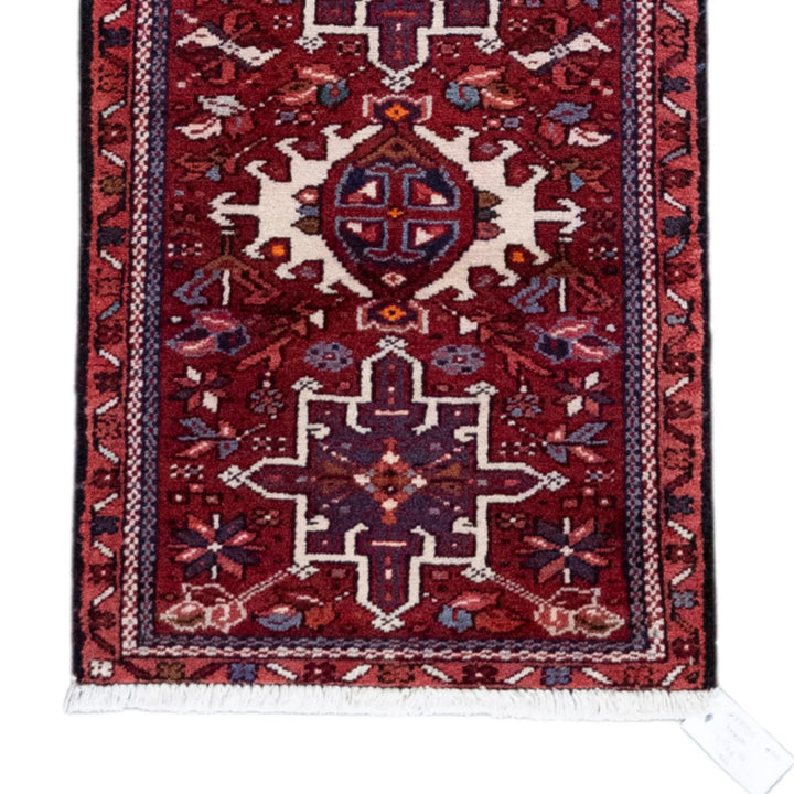 2' 1" x 6' 3" - RED AND NAVY KARAJEH GEOMETRIC PERSIAN RUG ( 63 x 190 CM )