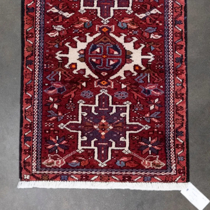 2' 1" x 5' 6" - RED AND NAVY KARAJEH GEOMETRIC PERSIAN RUG ( 65 x 170 CM )