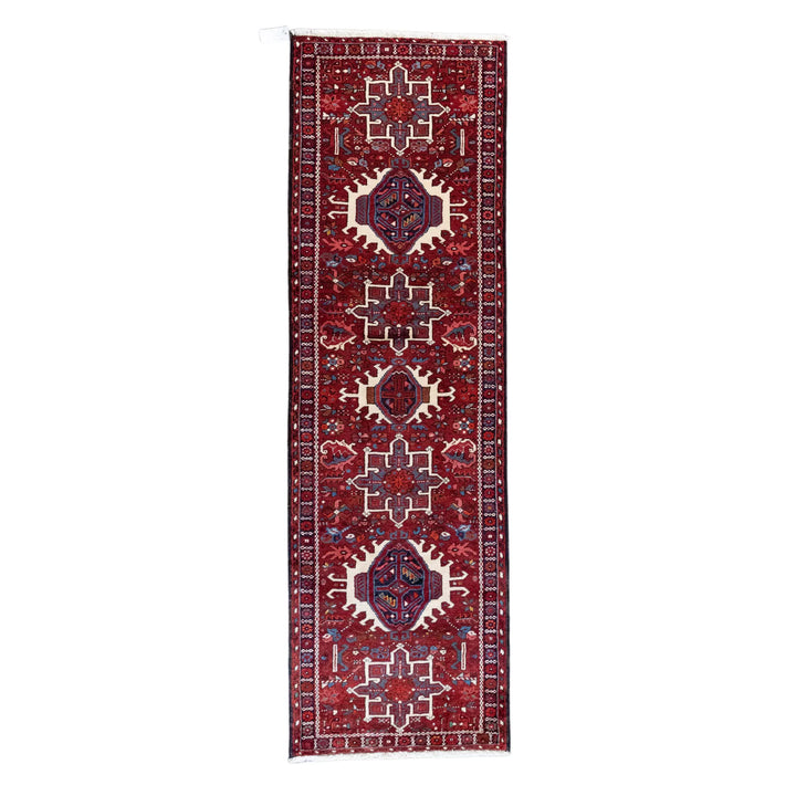 2' 7" x 8' 7" - RED AND NAVY KARAJEH GEOMETRIC PERSIAN RUG ( 79 x 261 CM )