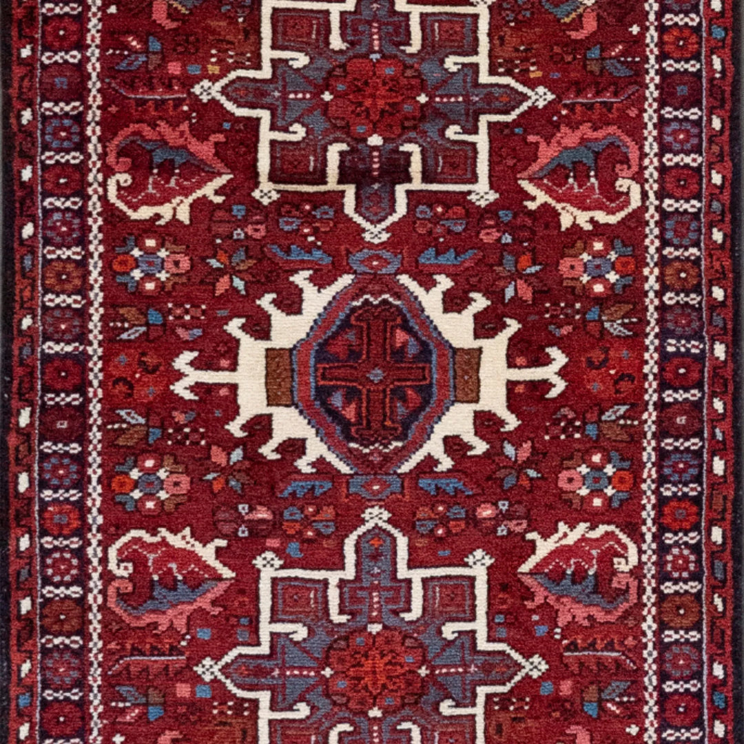 2' 7" x 8' 7" - RED AND NAVY KARAJEH GEOMETRIC PERSIAN RUG ( 80 x 260 CM )