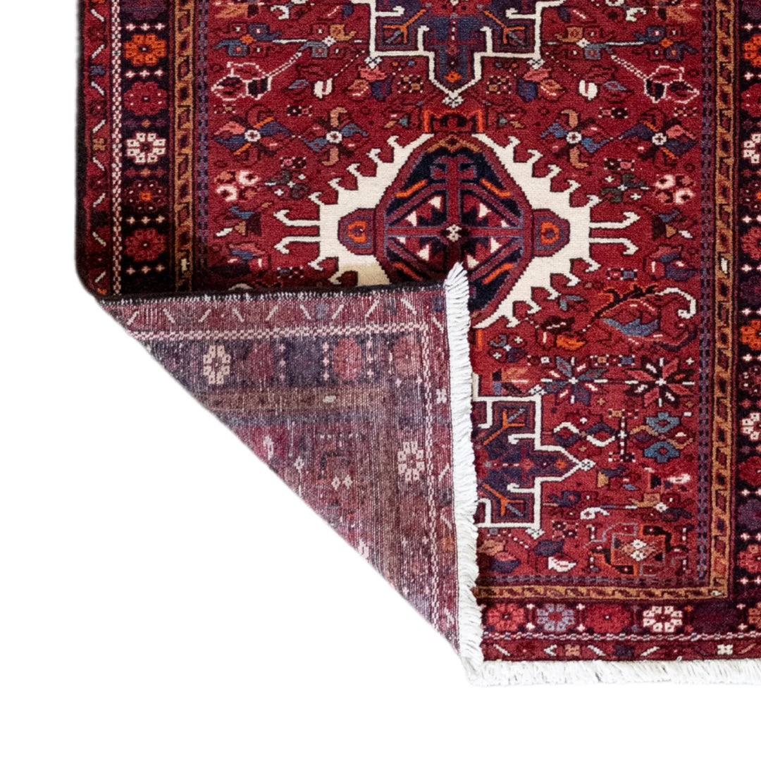 3' 7" x 6' 7" - RED AND NAVY KARAJEH GEOMETRIC PERSIAN RUG ( 110 x 200 CM )