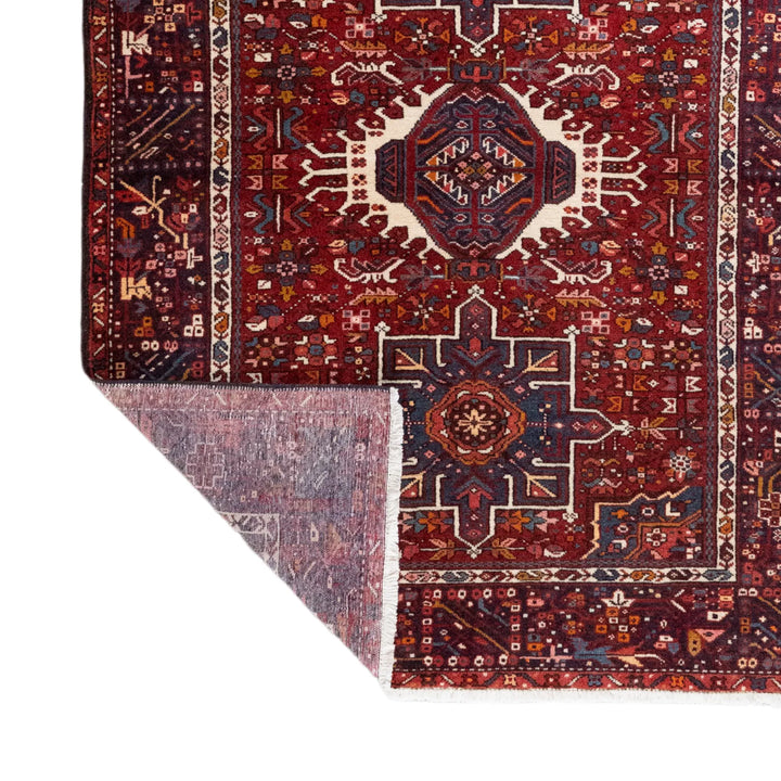 5' 1" x 6' 8" - RED AND NAVY KARAJEH GEOMETRIC PERSIAN RUG ( 155 x 203 CM )