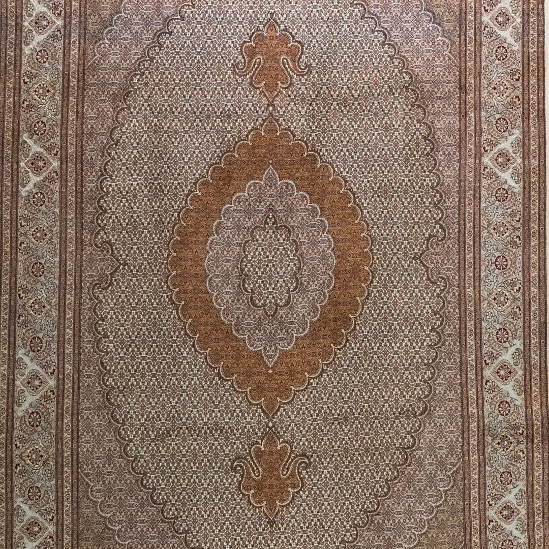 6' 6" x 10' 1" - BEIGE AND GREEN TABRIZ FISH DESIGN PERSIAN RUG ( 198 x 307 CM )