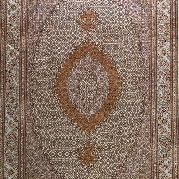 6' 6" x 10' 1" - BEIGE AND GREEN TABRIZ FISH DESIGN PERSIAN RUG ( 198 x 307 CM )