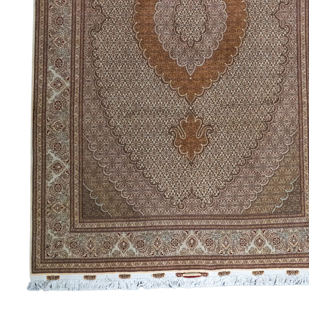 6' 6" x 10' 1" - BEIGE AND GREEN TABRIZ FISH DESIGN PERSIAN RUG ( 198 x 307 CM )