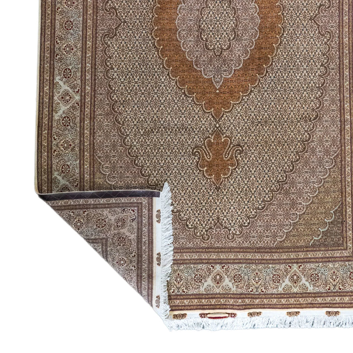 6' 6" x 10' 1" - BEIGE AND GREEN TABRIZ FISH DESIGN PERSIAN RUG ( 198 x 307 CM )