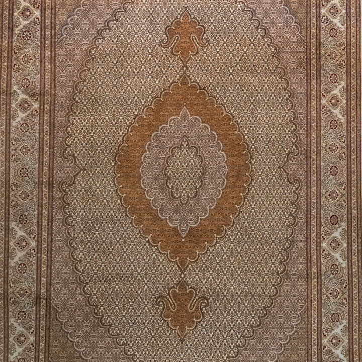 6' 7" x 10' 1" - BEIGE AND GREEN TABRIZ FISH DESIGN PERSIAN RUG ( 200 x 307 CM )