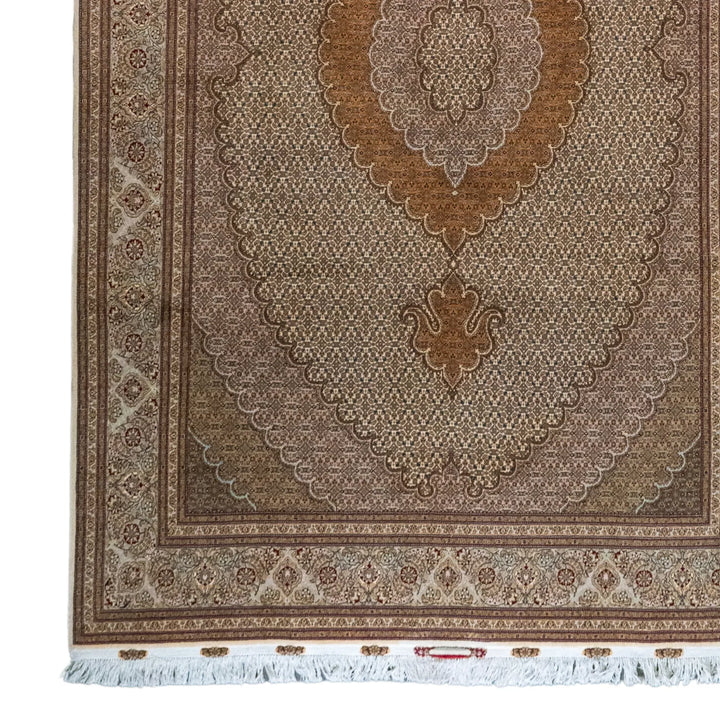 6' 7" x 10' 1" - BEIGE AND GREEN TABRIZ FISH DESIGN PERSIAN RUG ( 200 x 307 CM )