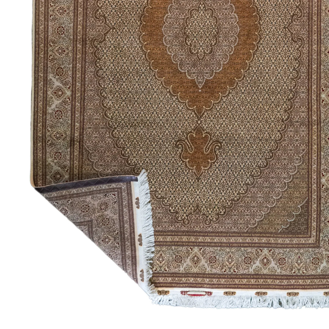 6' 7" x 10' 1" - BEIGE AND GREEN TABRIZ FISH DESIGN PERSIAN RUG ( 200 x 307 CM )