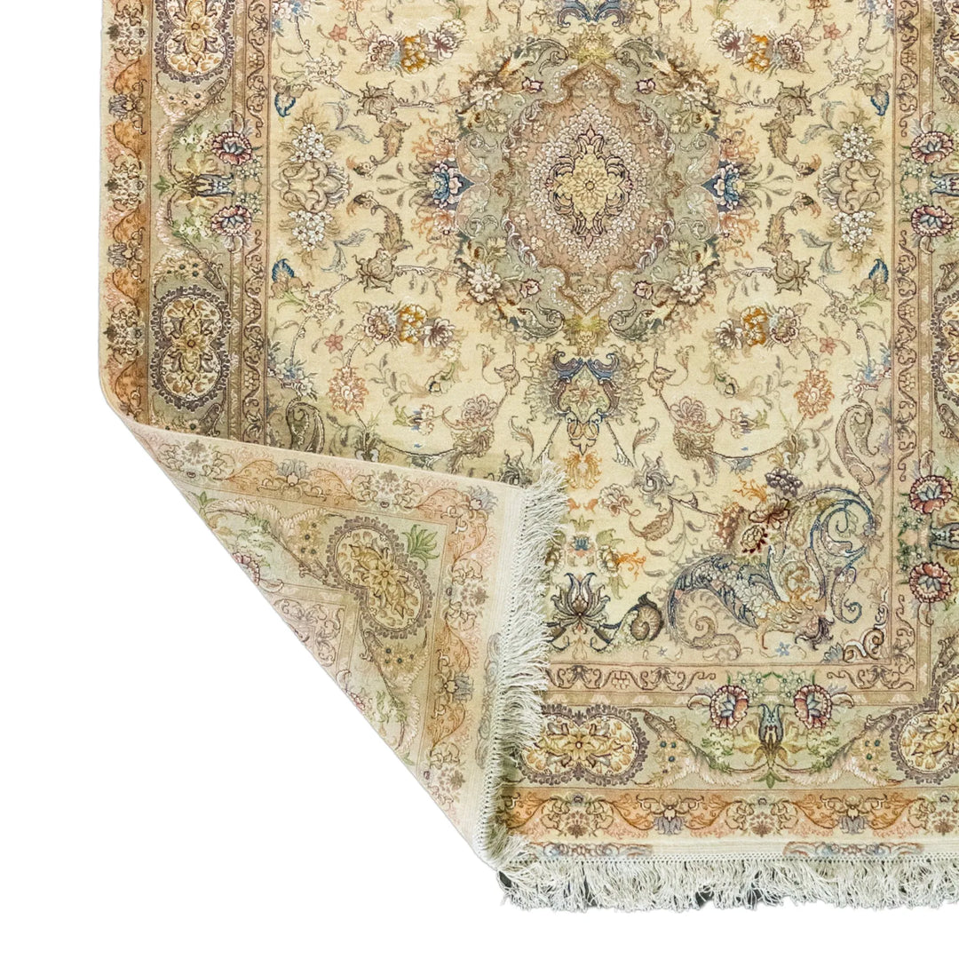 4' 11" x 6' 8" - BEIGE AND GREEN TABRIZ FLORAL PERSIAN RUG ( 150 x 203 CM )