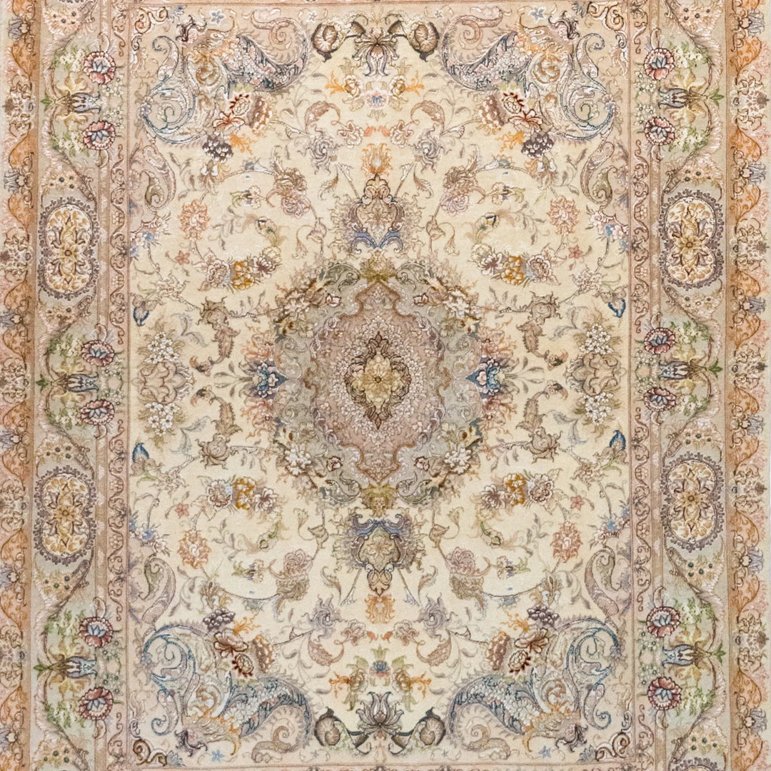 4' 11" x 6' 7" - BEIGE AND GREEN TABRIZ FLORAL PERSIAN RUG ( 150 x 200 CM )