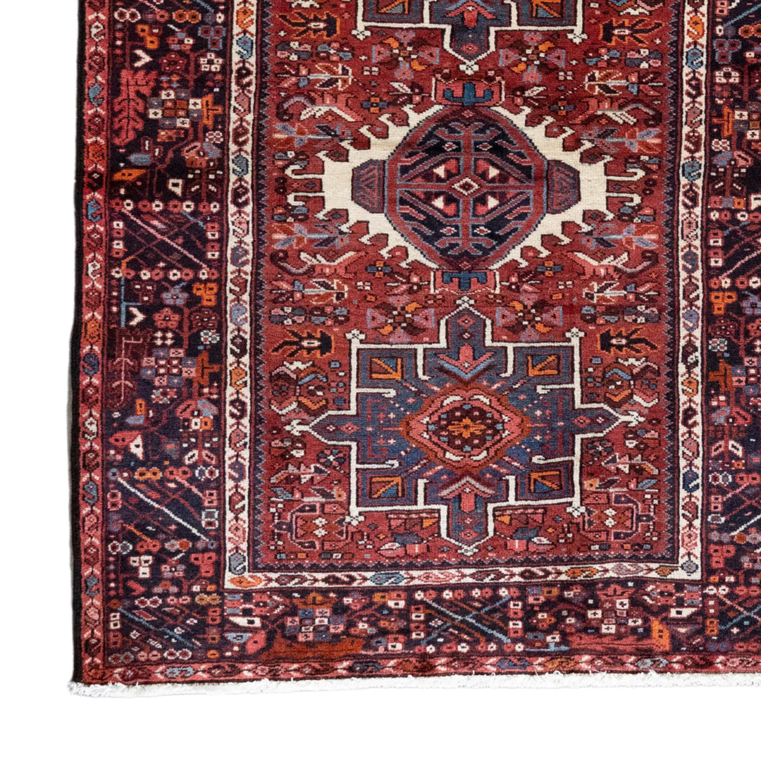 4' 11" x 6' 5" - RED AND NAVY KARAJEH GEOMETRIC PERSIAN RUG ( 150 x 195 CM )