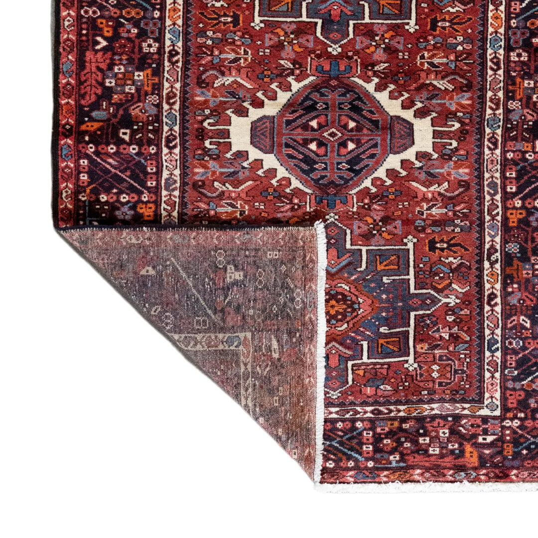 4' 11" x 6' 5" - RED AND NAVY KARAJEH GEOMETRIC PERSIAN RUG ( 150 x 195 CM )