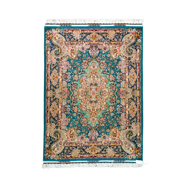 4' 11" x 6' 9" - GREEN AND MULTICOLOR TABRIZ FLORAL PERSIAN RUG ( 150 x 206 CM )