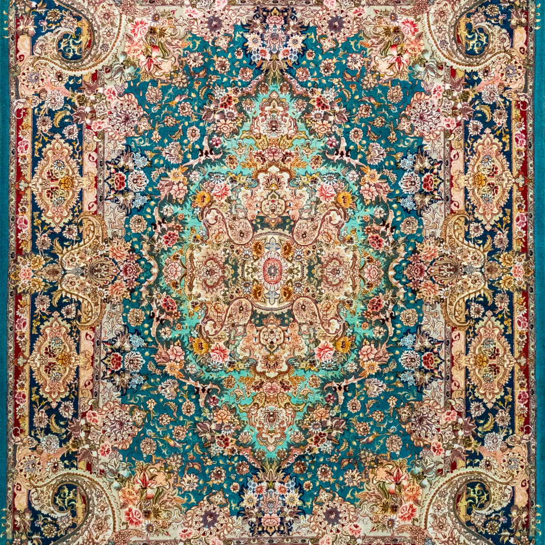 4' 11" x 6' 9" - GREEN AND MULTICOLOR TABRIZ FLORAL PERSIAN RUG ( 150 x 206 CM )