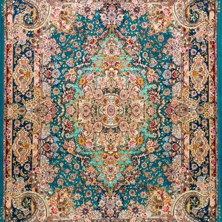 4' 11" x 6' 9" - GREEN AND MULTICOLOR TABRIZ FLORAL PERSIAN RUG ( 150 x 206 CM )