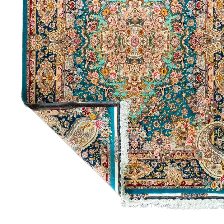 4' 11" x 6' 9" - GREEN AND MULTICOLOR TABRIZ FLORAL PERSIAN RUG ( 150 x 206 CM )