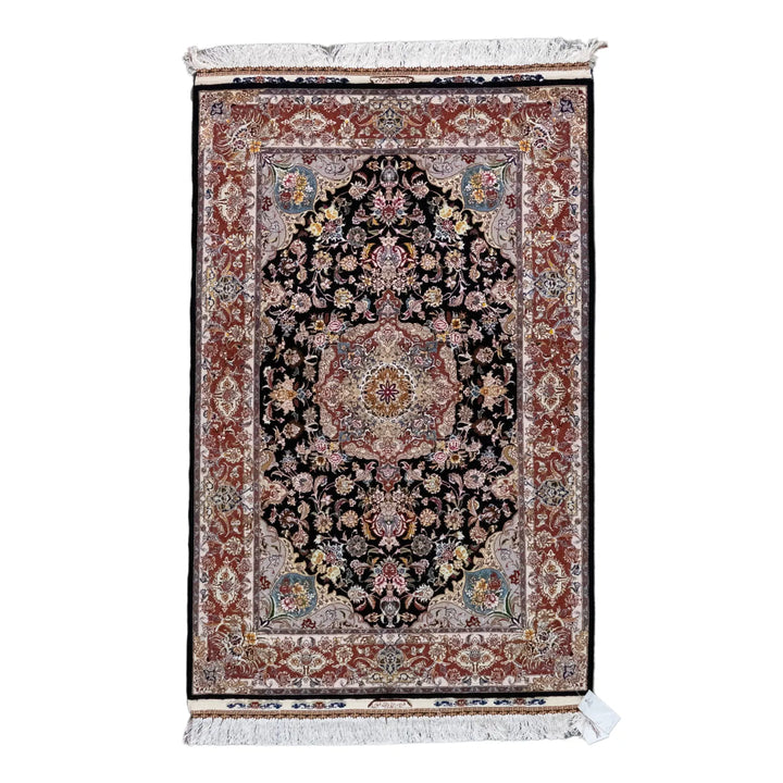 3' 5" x 5' 1" - BLACK AND ROSE TABRIZ FLORAL PERSIAN RUG ( 104 x 155 CM )