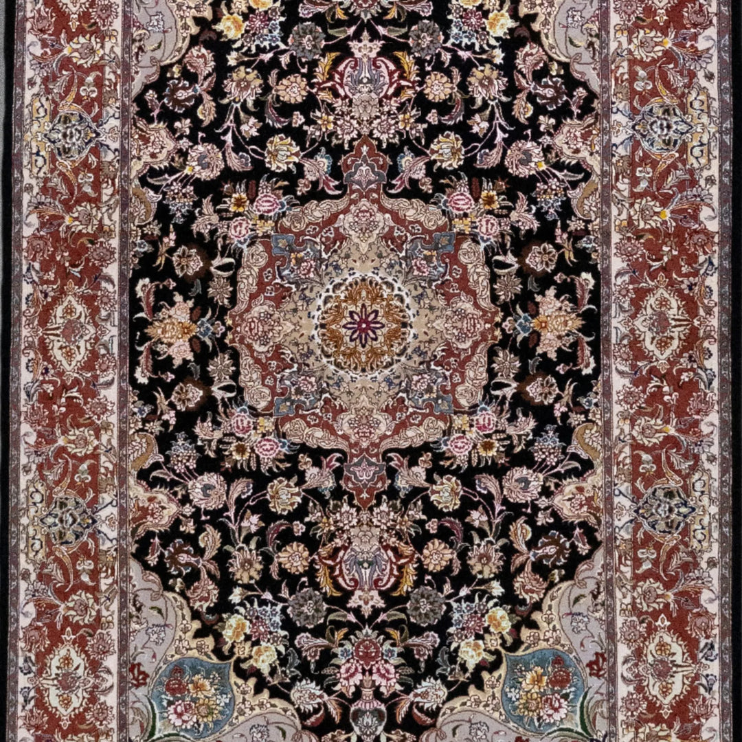 3' 5" x 5' 1" - BLACK AND ROSE TABRIZ FLORAL PERSIAN RUG ( 104 x 155 CM )