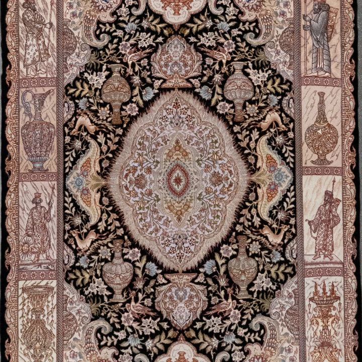 3' 4" x 5' 2" - BLACK AND PINK TABRIZ FLORAL PERSIAN RUG ( 101 x 157 CM )