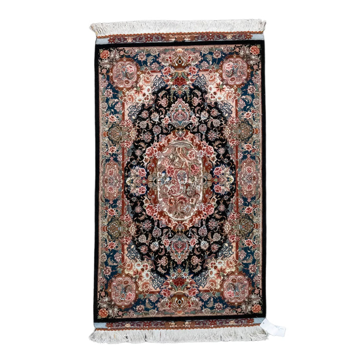 3' 3" x 5' 2" - BLACK AND MULTICOLOR TABRIZ FLORAL PERSIAN RUG ( 99 x 157 CM )