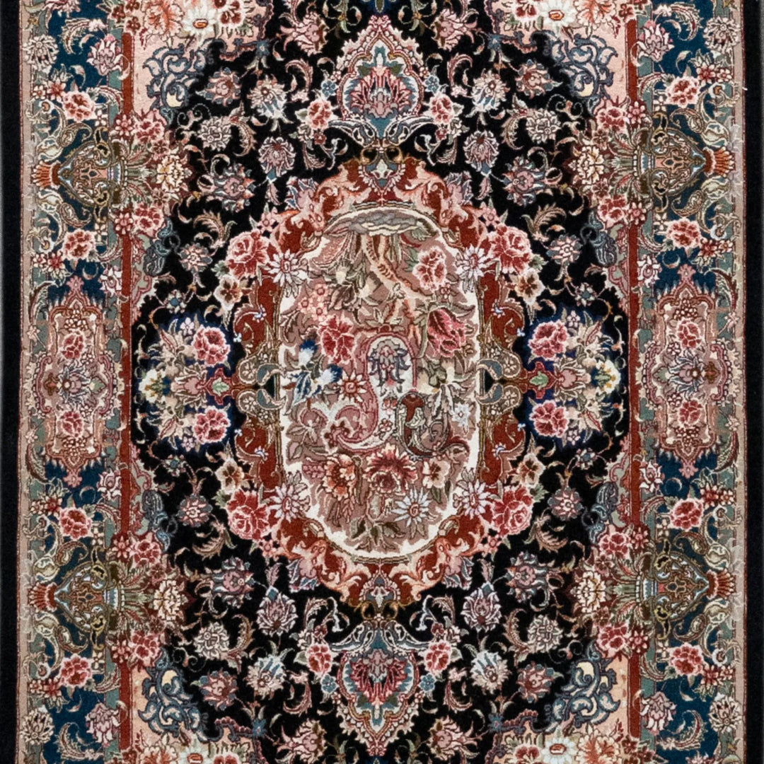 3' 3" x 5' 2" - BLACK AND MULTICOLOR TABRIZ FLORAL PERSIAN RUG ( 99 x 157 CM )