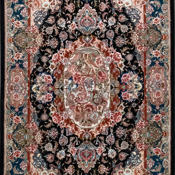 3' 3" x 5' 2" - BLACK AND MULTICOLOR TABRIZ FLORAL PERSIAN RUG ( 99 x 157 CM )