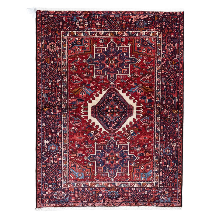 4' 10" x 6' 3" - NAVY AND RED KARAJEH GEOMETRIC PERSIAN RUG ( 147 x 190 CM )