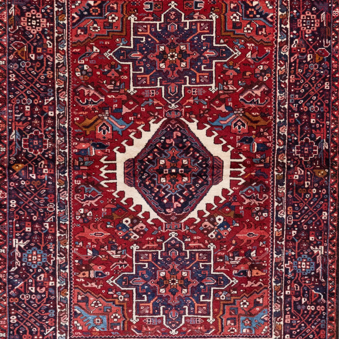 4' 10" x 6' 3" - NAVY AND RED KARAJEH GEOMETRIC PERSIAN RUG ( 147 x 190 CM )