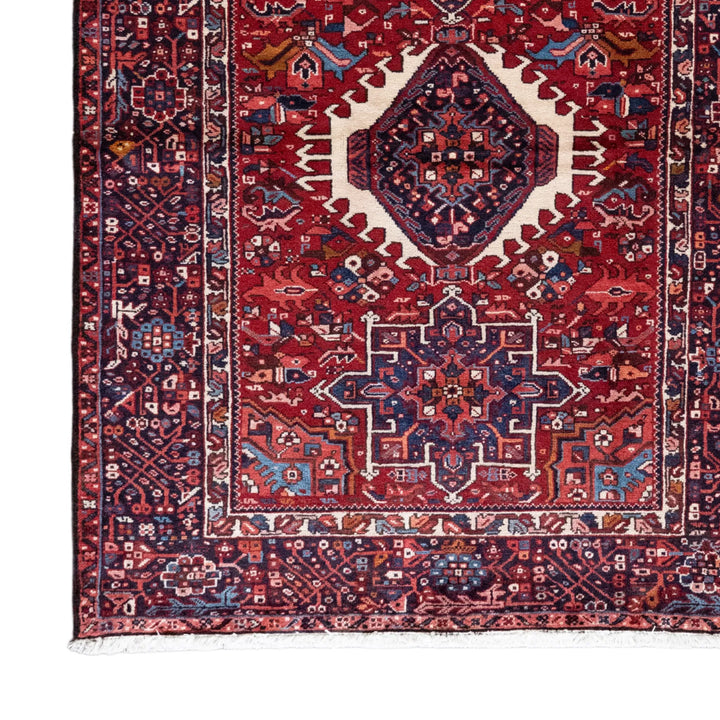 4' 10" x 6' 3" - NAVY AND RED KARAJEH GEOMETRIC PERSIAN RUG ( 147 x 190 CM )