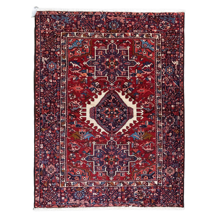 4' 11" x 6' 6" - RED AND NAVY KARAJEH GEOMETRIC PERSIAN RUG ( 150 x 198 CM )