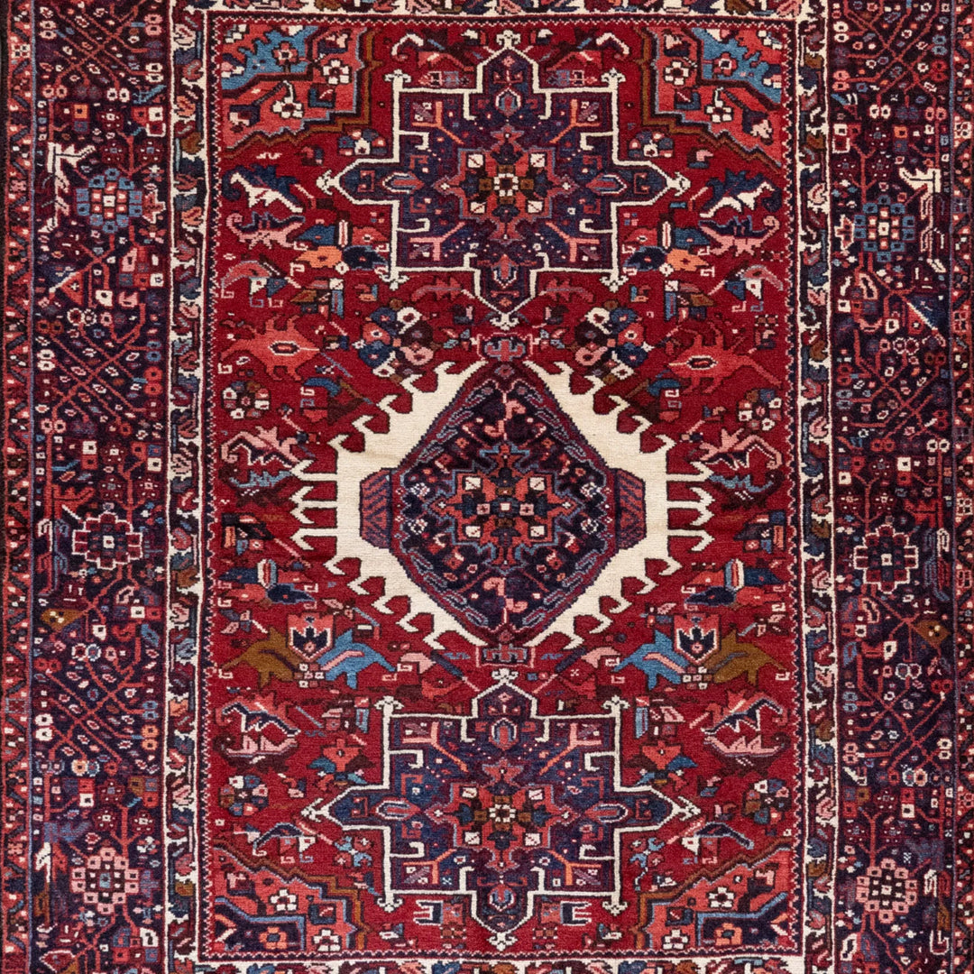 4' 11" x 6' 6" - RED AND NAVY KARAJEH GEOMETRIC PERSIAN RUG ( 150 x 198 CM )