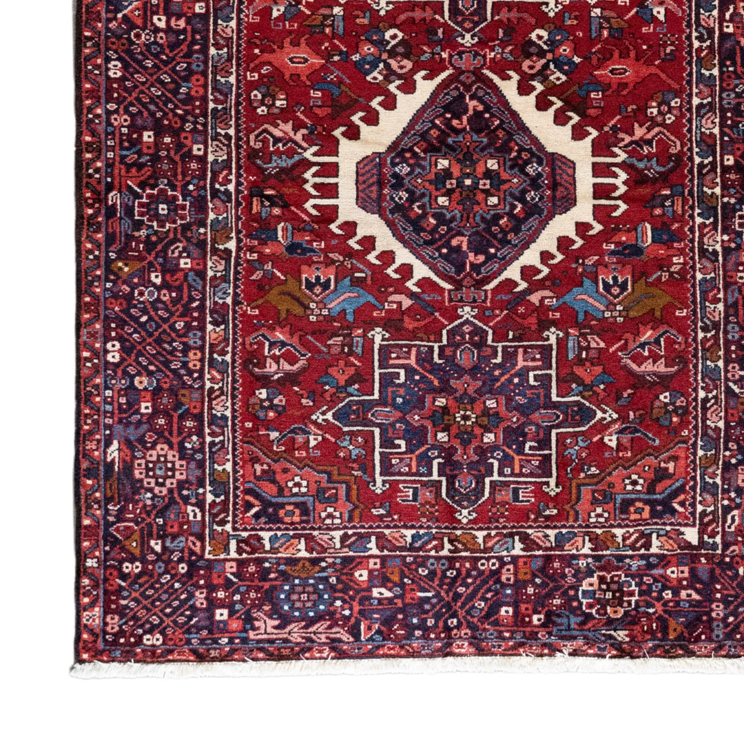 4' 11" x 6' 6" - RED AND NAVY KARAJEH GEOMETRIC PERSIAN RUG ( 150 x 198 CM )