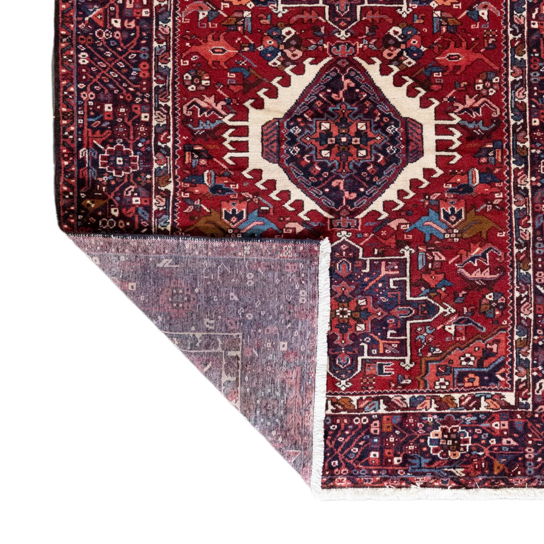 4' 11" x 6' 6" - RED AND NAVY KARAJEH GEOMETRIC PERSIAN RUG ( 150 x 198 CM )