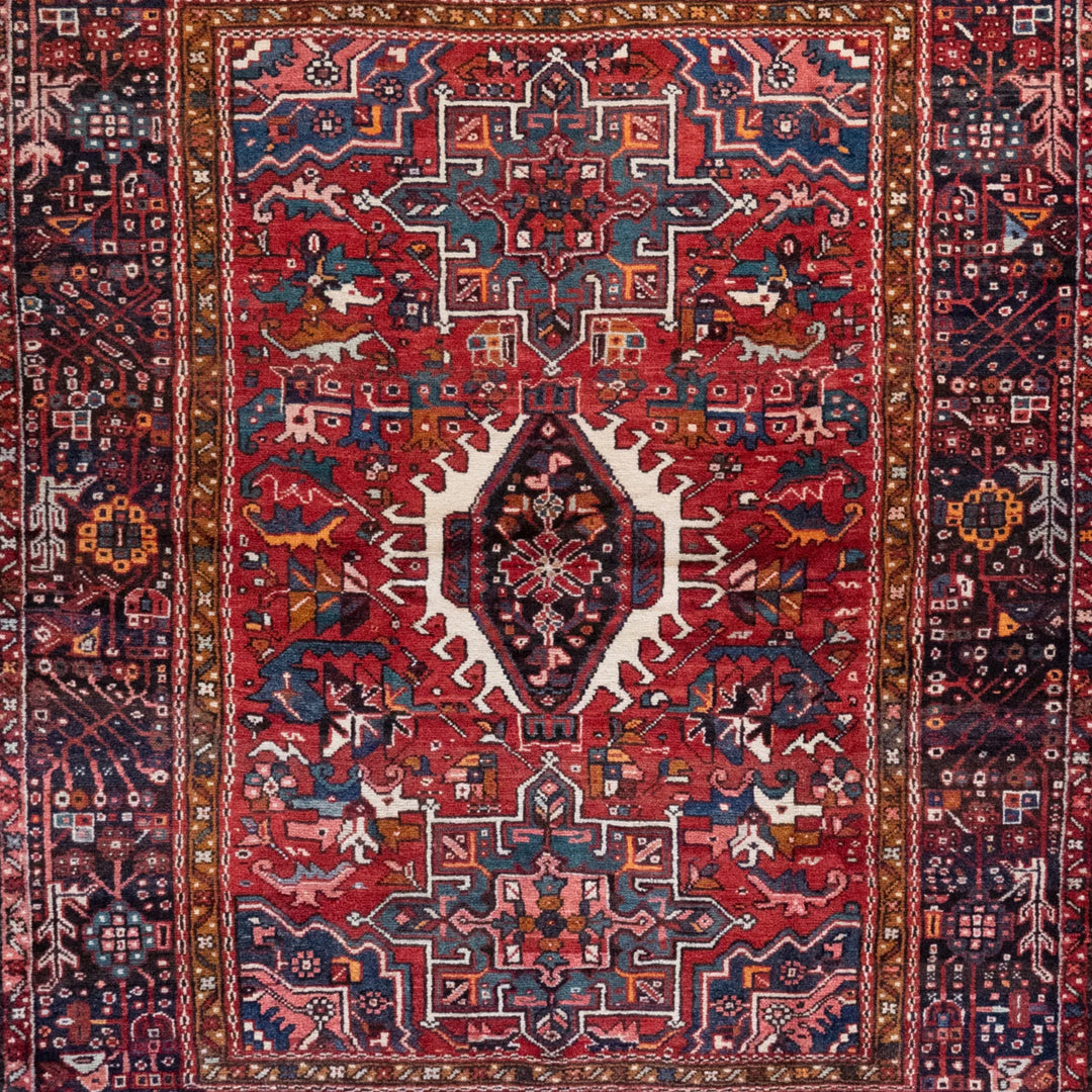 5' 1" x 6' 2" - RED AND NAVY KARAJEH GEOMETRIC PERSIAN RUG ( 155 x 155 CM )