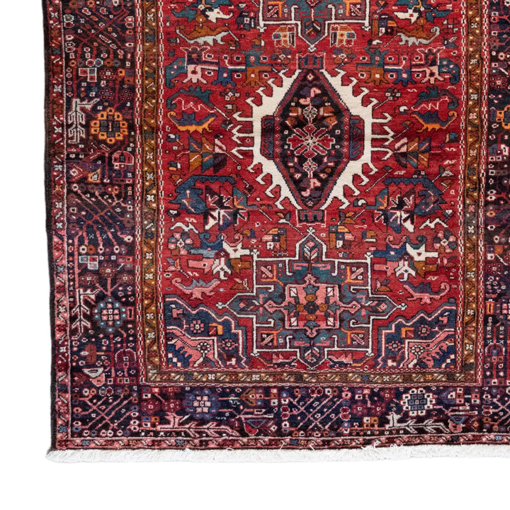 5' 1" x 6' 2" - RED AND NAVY KARAJEH GEOMETRIC PERSIAN RUG ( 155 x 155 CM )