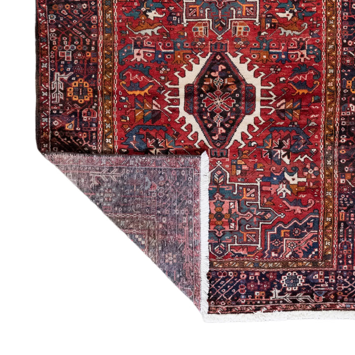 5' 1" x 6' 2" - RED AND NAVY KARAJEH GEOMETRIC PERSIAN RUG ( 155 x 155 CM )