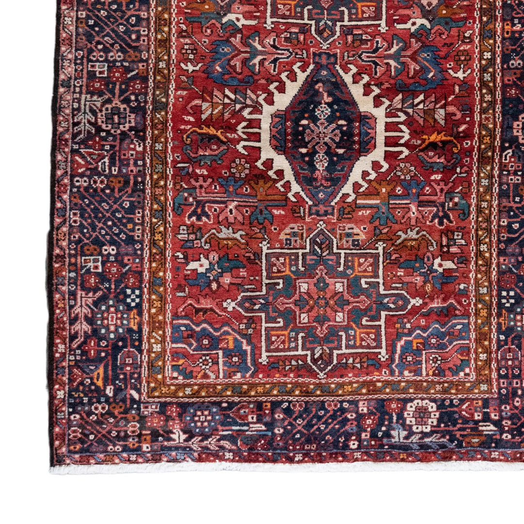 5' 1" x 6' 3" - RED AND NAVY KARAJEH GEOMETRIC PERSIAN RUG ( 155 x 190 CM )